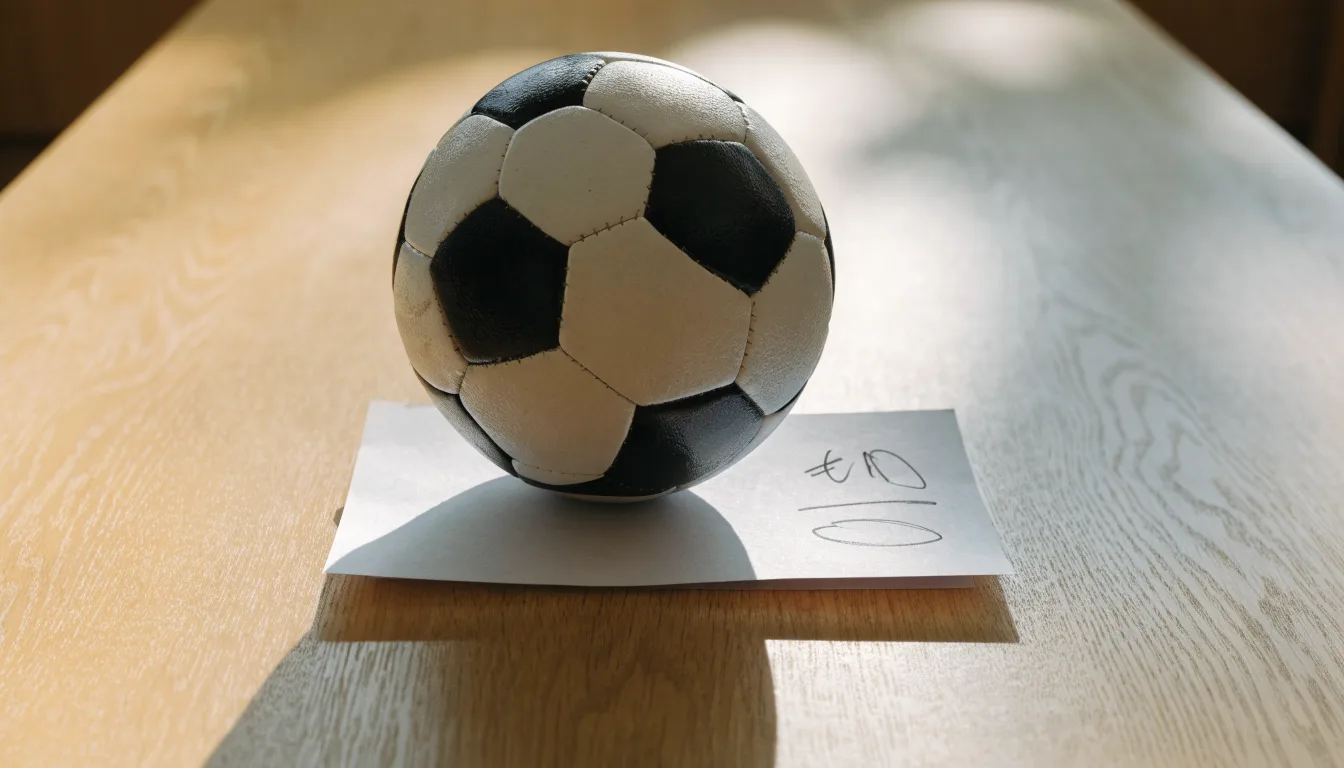 Uma bola de futebol pousada sobre um talão de apostas em branco numa mesa de madeira, à luz do dia