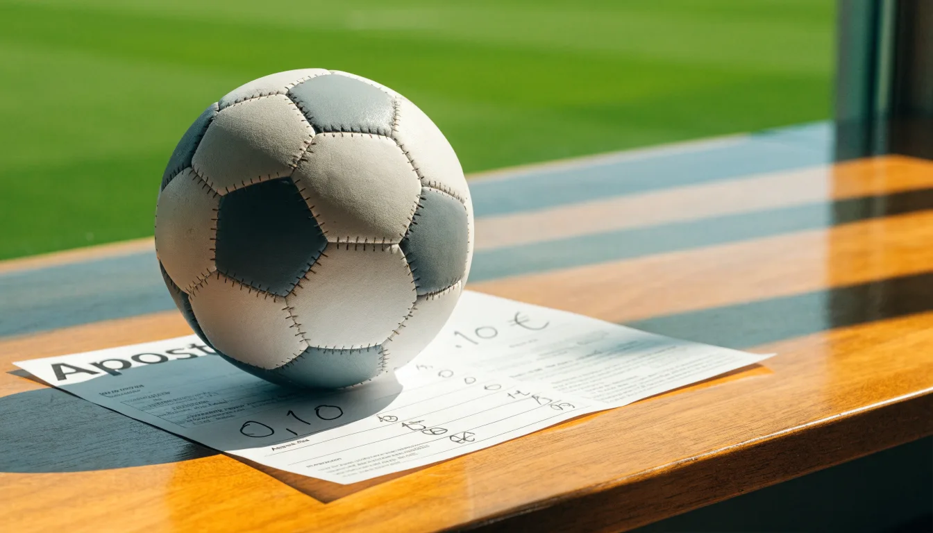 Uma bola de futebol pousada sobre um talão de apostas em branco numa mesa de madeira, à luz do dia