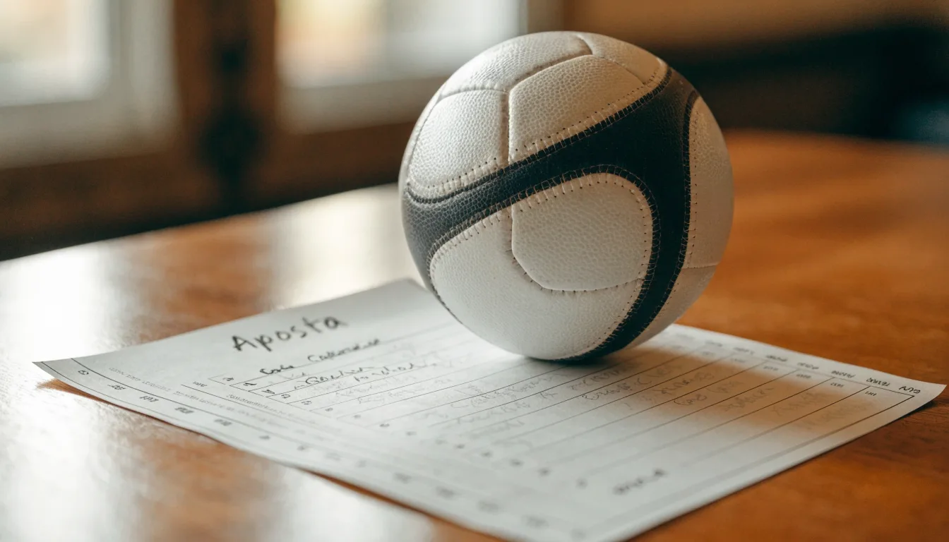 Uma bola de futebol pousada sobre um talão de apostas em branco numa mesa de madeira, à luz do dia