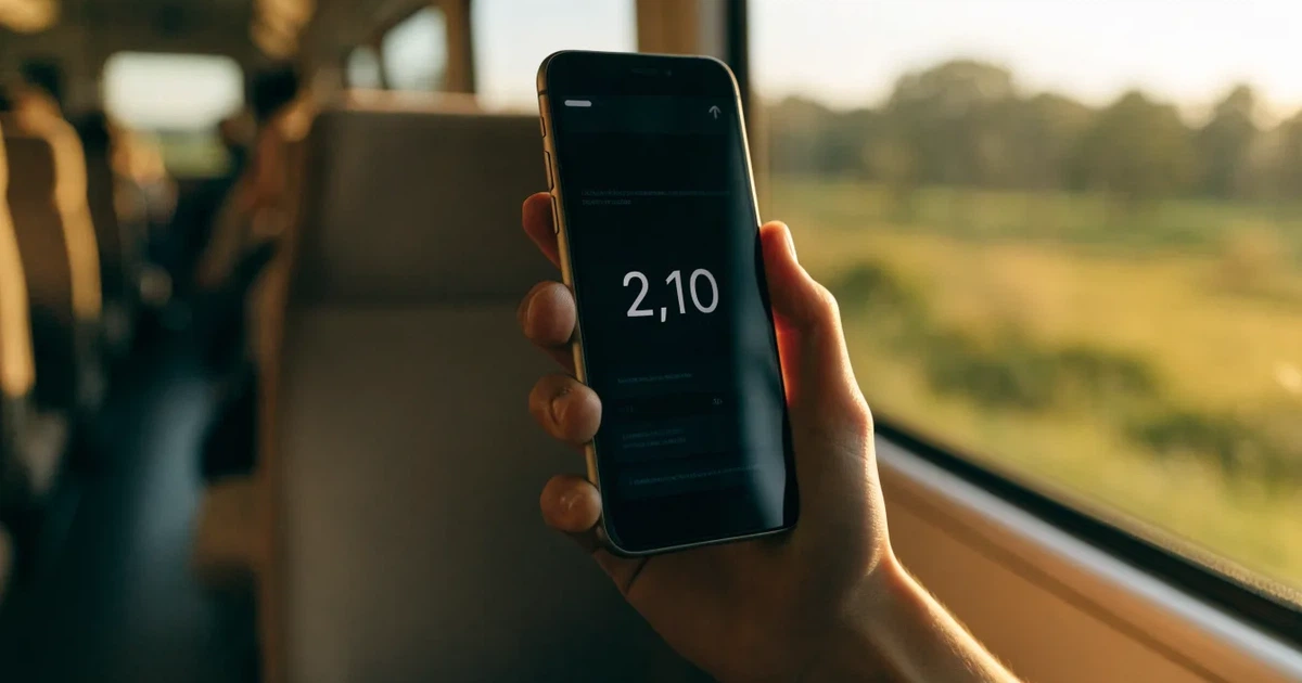 Uma mão a segurar um telemóvel com uma aposta no ecrã, num comboio ao fim da tarde