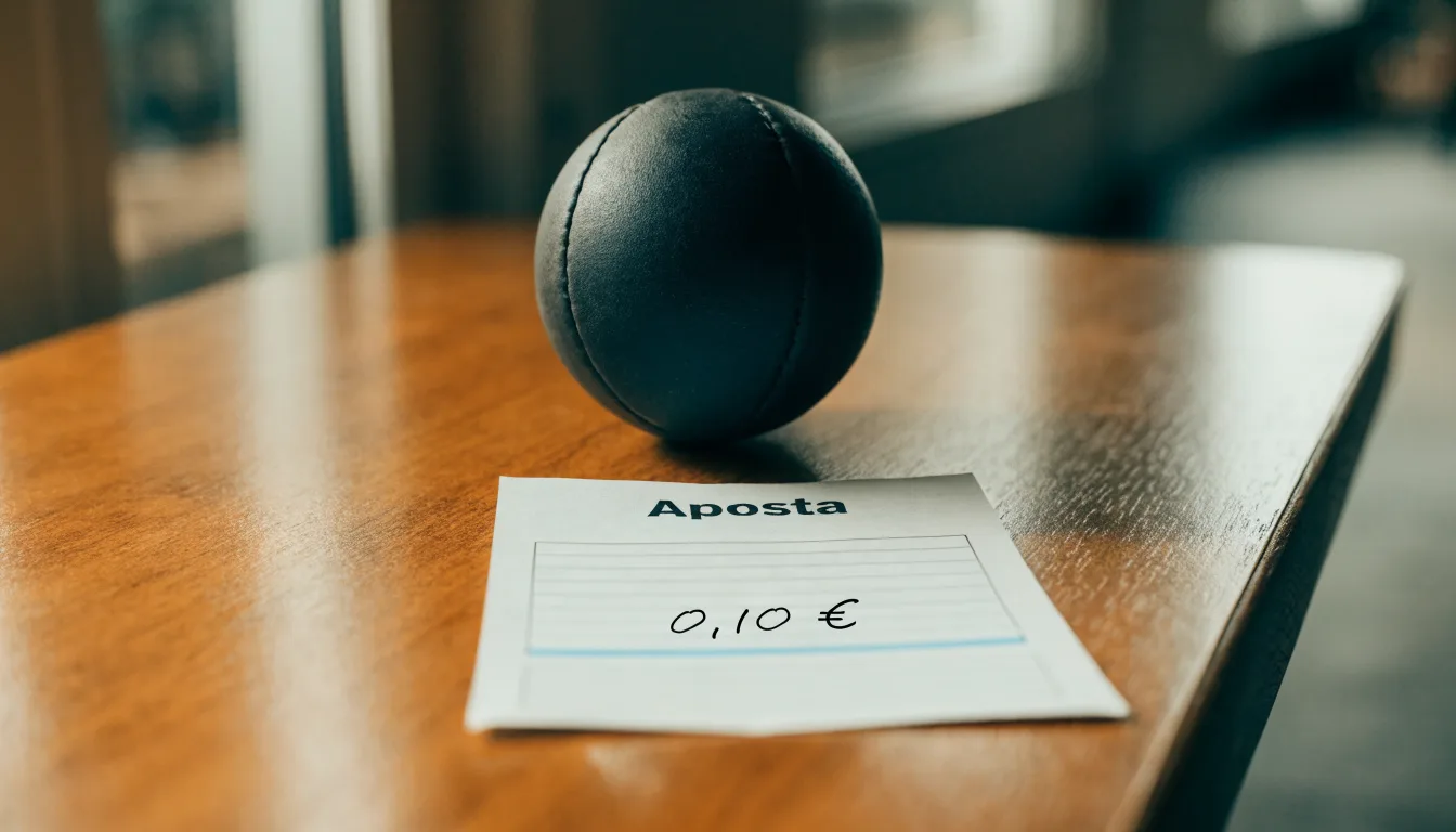 Uma bola de futebol pousada sobre um talão de apostas em branco numa mesa de madeira, à luz do dia