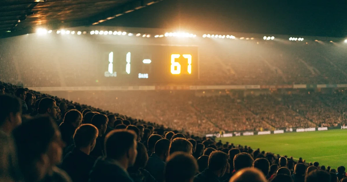 Um marcador eletrónico de um estádio com o resultado a meio da segunda parte, visto das bancadas