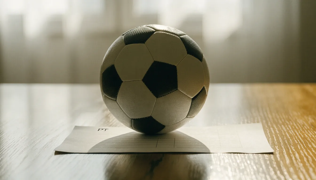 Uma bola de futebol pousada sobre um talão de apostas em branco numa mesa de madeira, à luz do dia