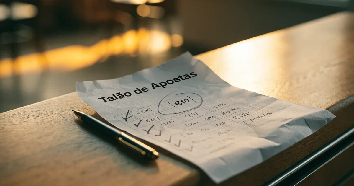 Um talão de apostas com várias seleções marcadas a caneta numa bancada de madeira