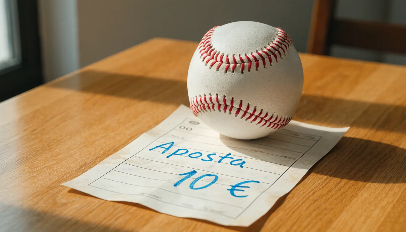 Uma bola de futebol pousada sobre um talão de apostas em branco numa mesa de madeira, à luz do dia