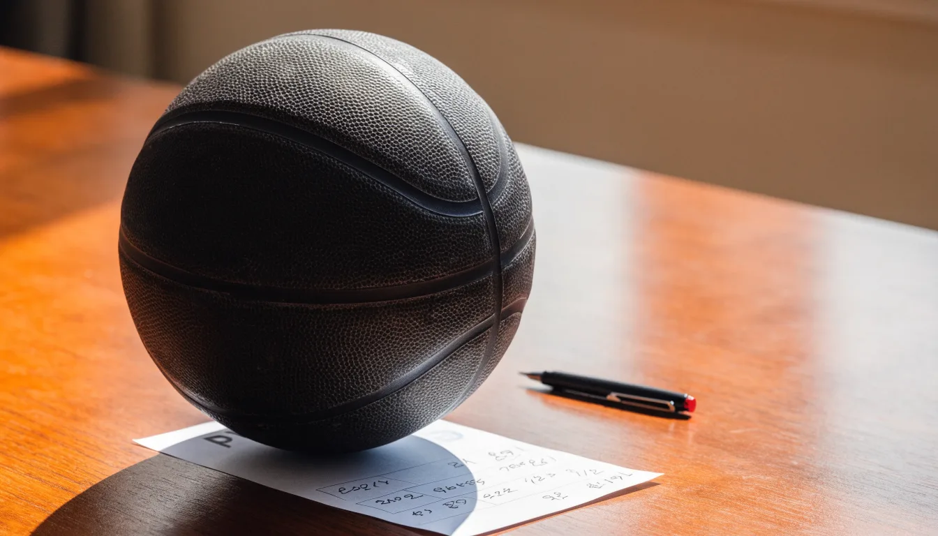 Uma bola de futebol pousada sobre um talão de apostas em branco numa mesa de madeira, à luz do dia