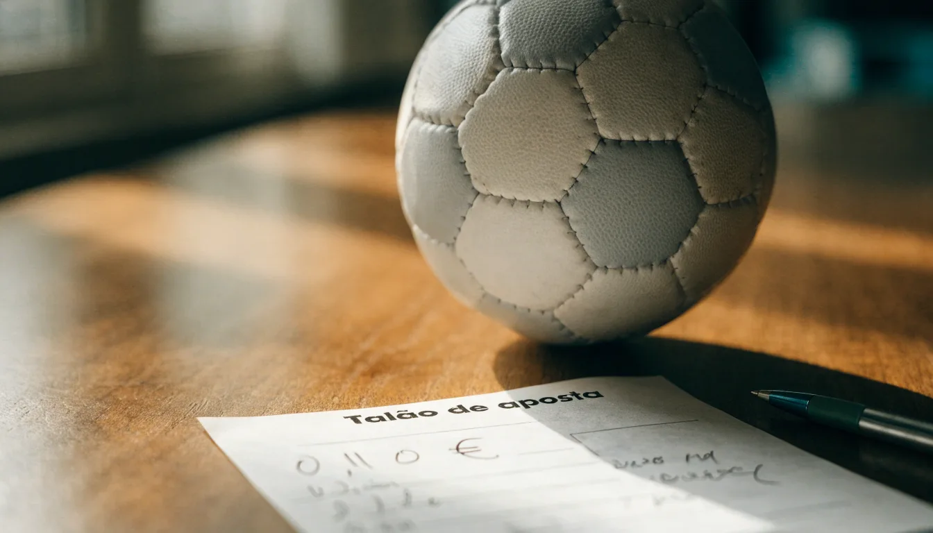 Uma bola de futebol pousada sobre um talão de apostas em branco numa mesa de madeira, à luz do dia