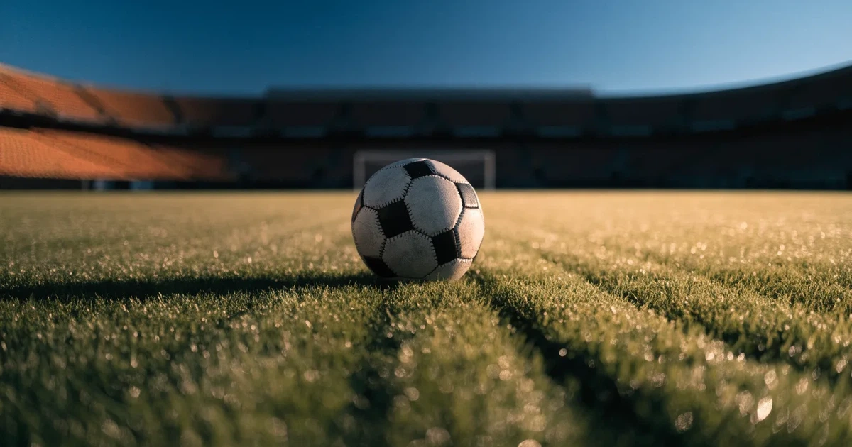 Uma bola de futebol no ponto central de um relvado, à luz da manhã