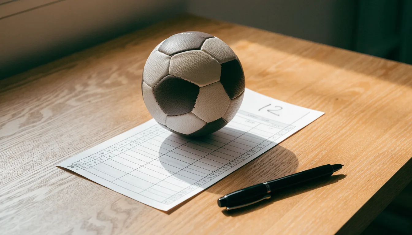 Uma bola de futebol pousada sobre um talão de apostas em branco numa mesa de madeira, à luz do dia