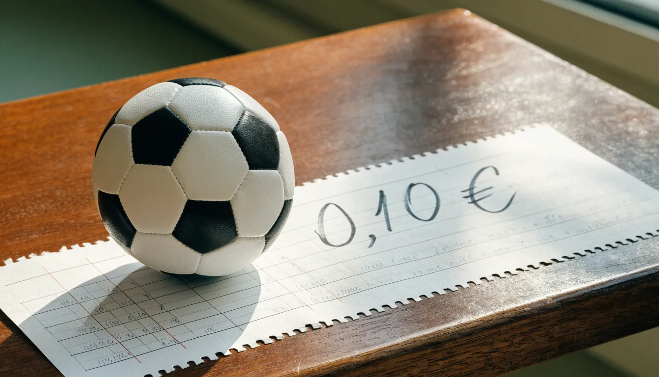 Uma bola de futebol pousada sobre um talão de apostas em branco numa mesa de madeira, à luz do dia