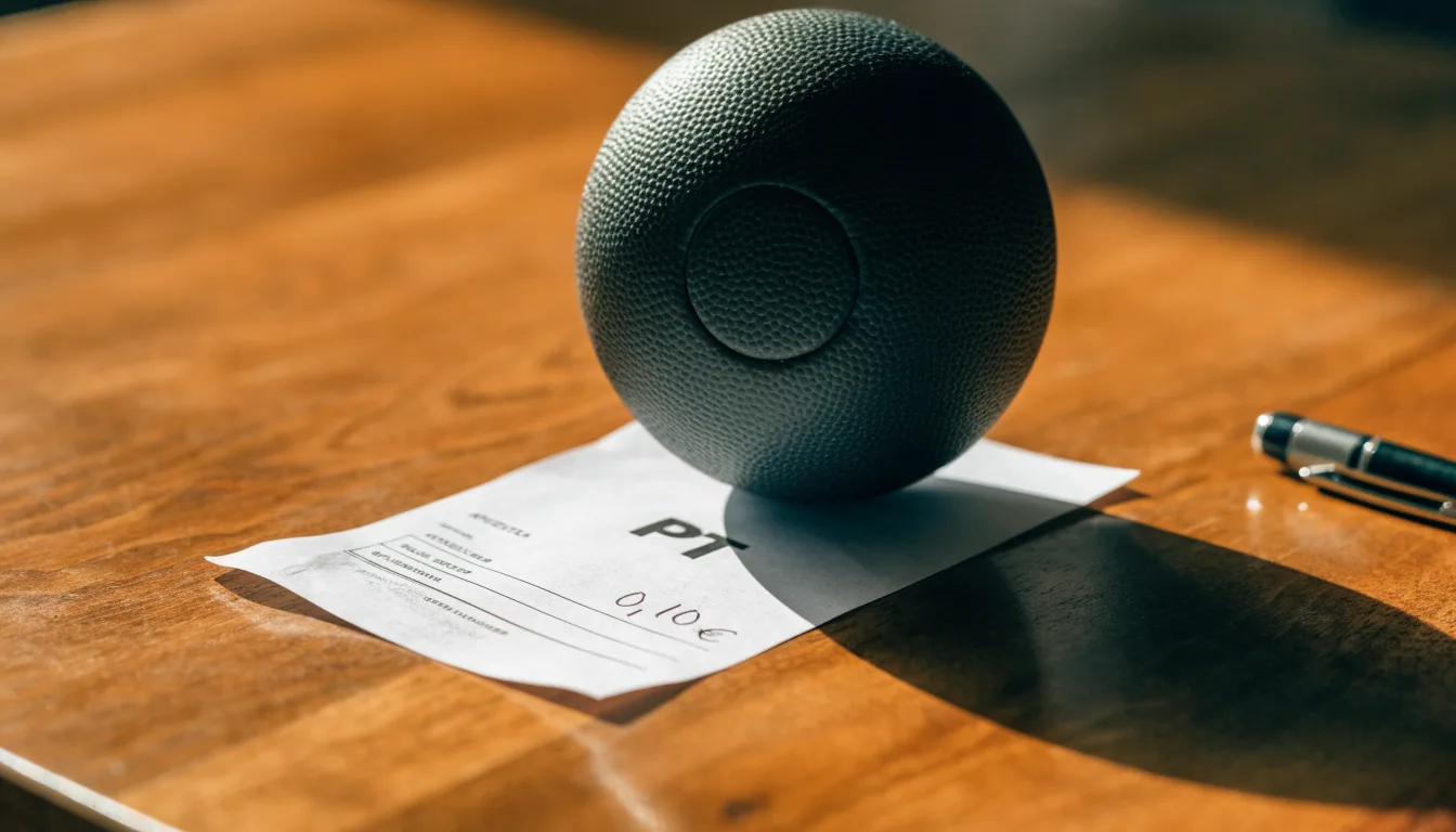 Uma bola de futebol pousada sobre um talão de apostas em branco numa mesa de madeira, à luz do dia