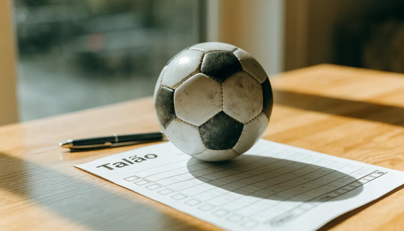 Uma bola de futebol pousada sobre um talão de apostas em branco numa mesa de madeira, à luz do dia