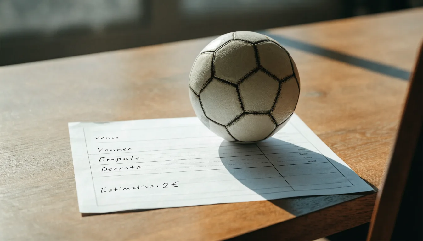 Uma bola de futebol pousada sobre um talão de apostas em branco numa mesa de madeira, à luz do dia