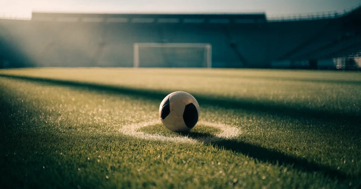 Uma bola de futebol no ponto central de um relvado, à luz da manhã