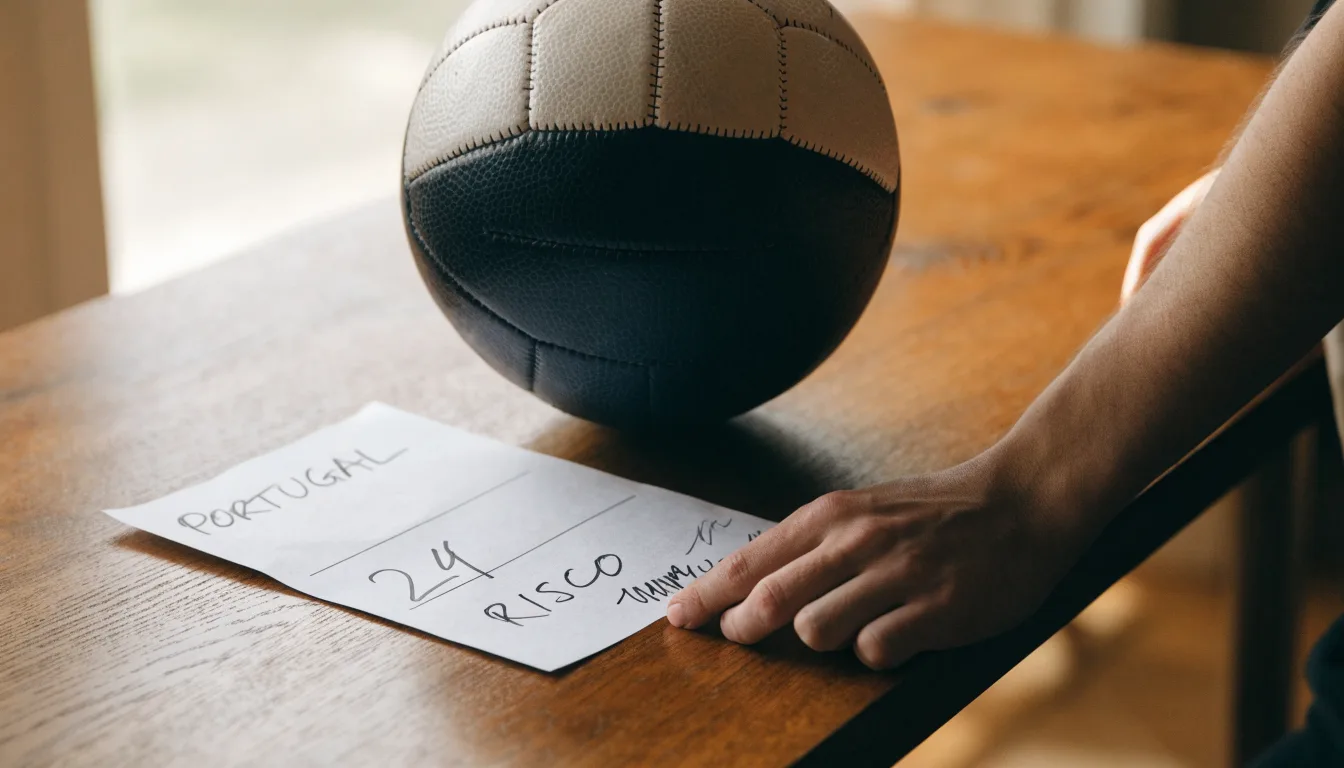Uma bola de futebol pousada sobre um talão de apostas em branco numa mesa de madeira, à luz do dia