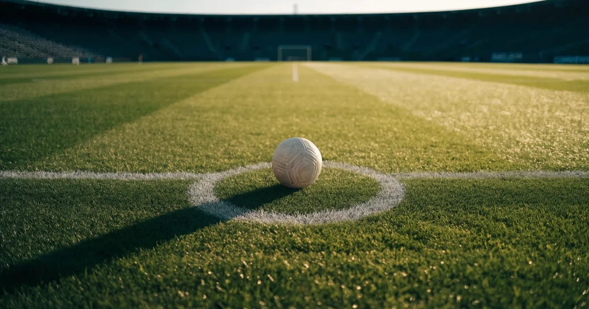 Uma bola de futebol no ponto central de um relvado, à luz da manhã