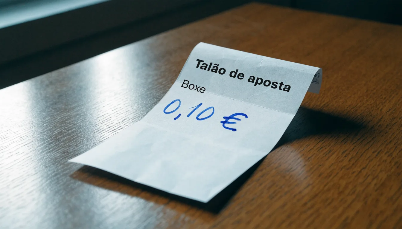 Uma bola de futebol pousada sobre um talão de apostas em branco numa mesa de madeira, à luz do dia