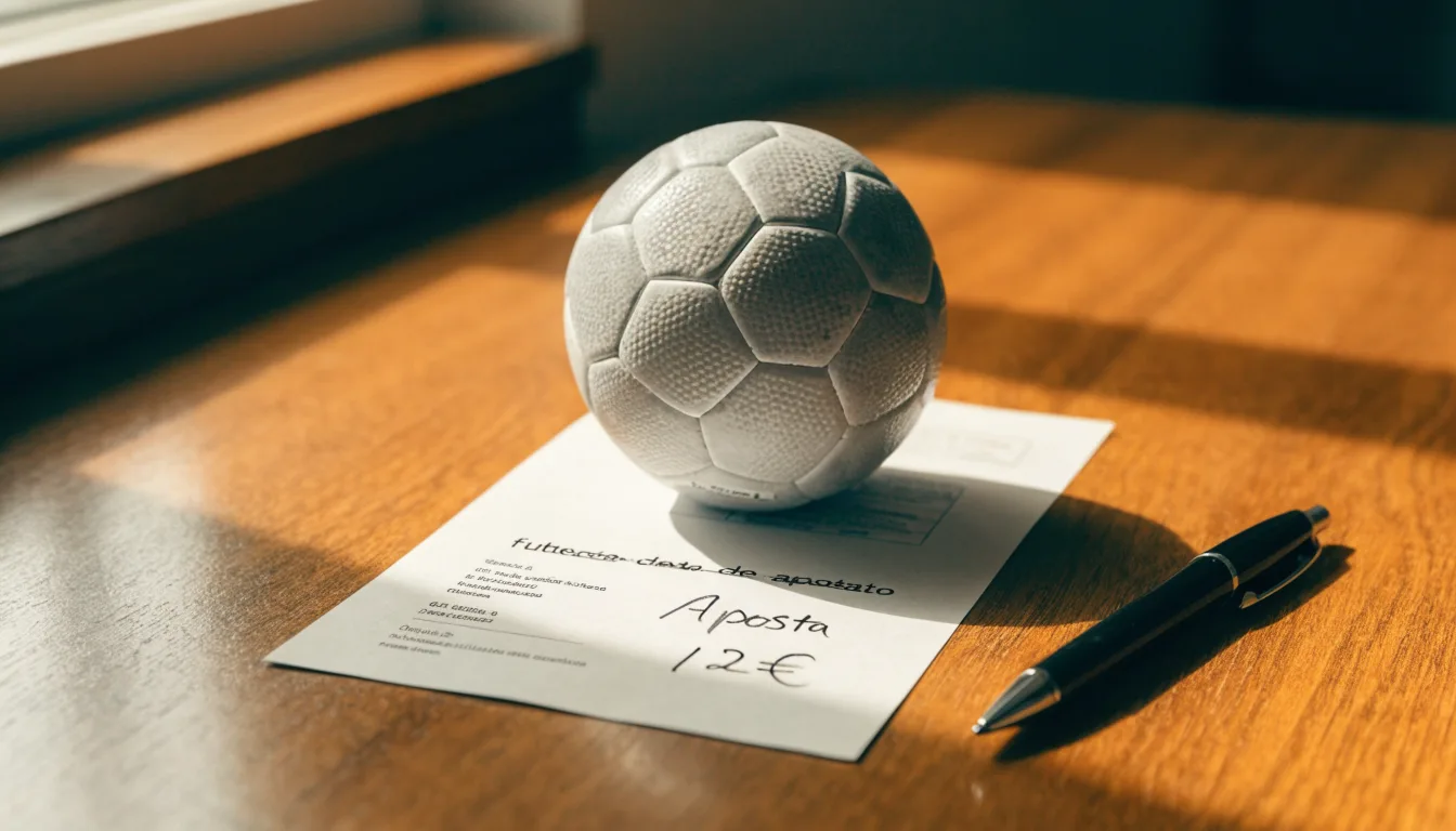 Uma bola de futebol pousada sobre um talão de apostas em branco numa mesa de madeira, à luz do dia