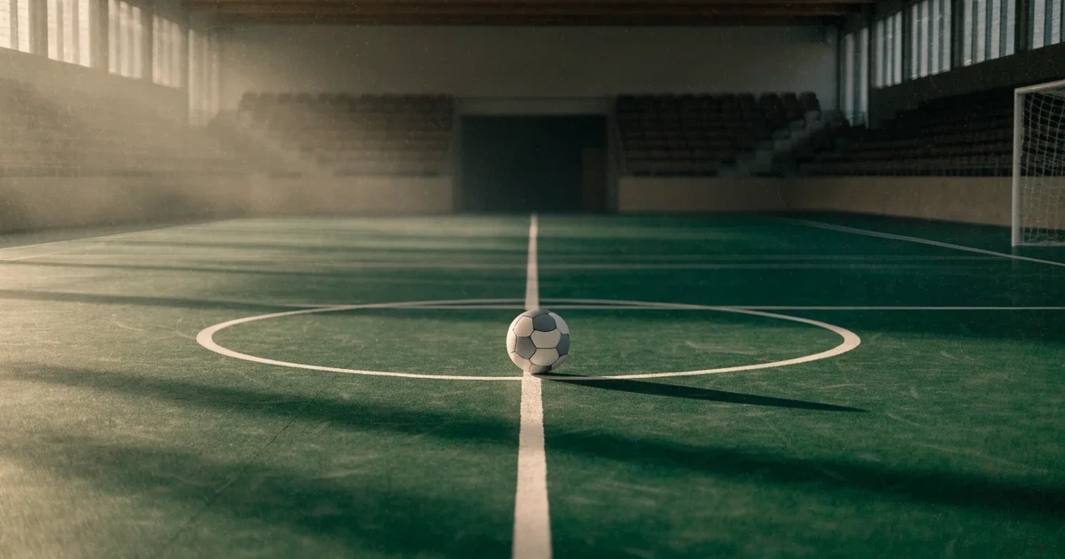 Uma bola de futebol no ponto central de um relvado, à luz da manhã