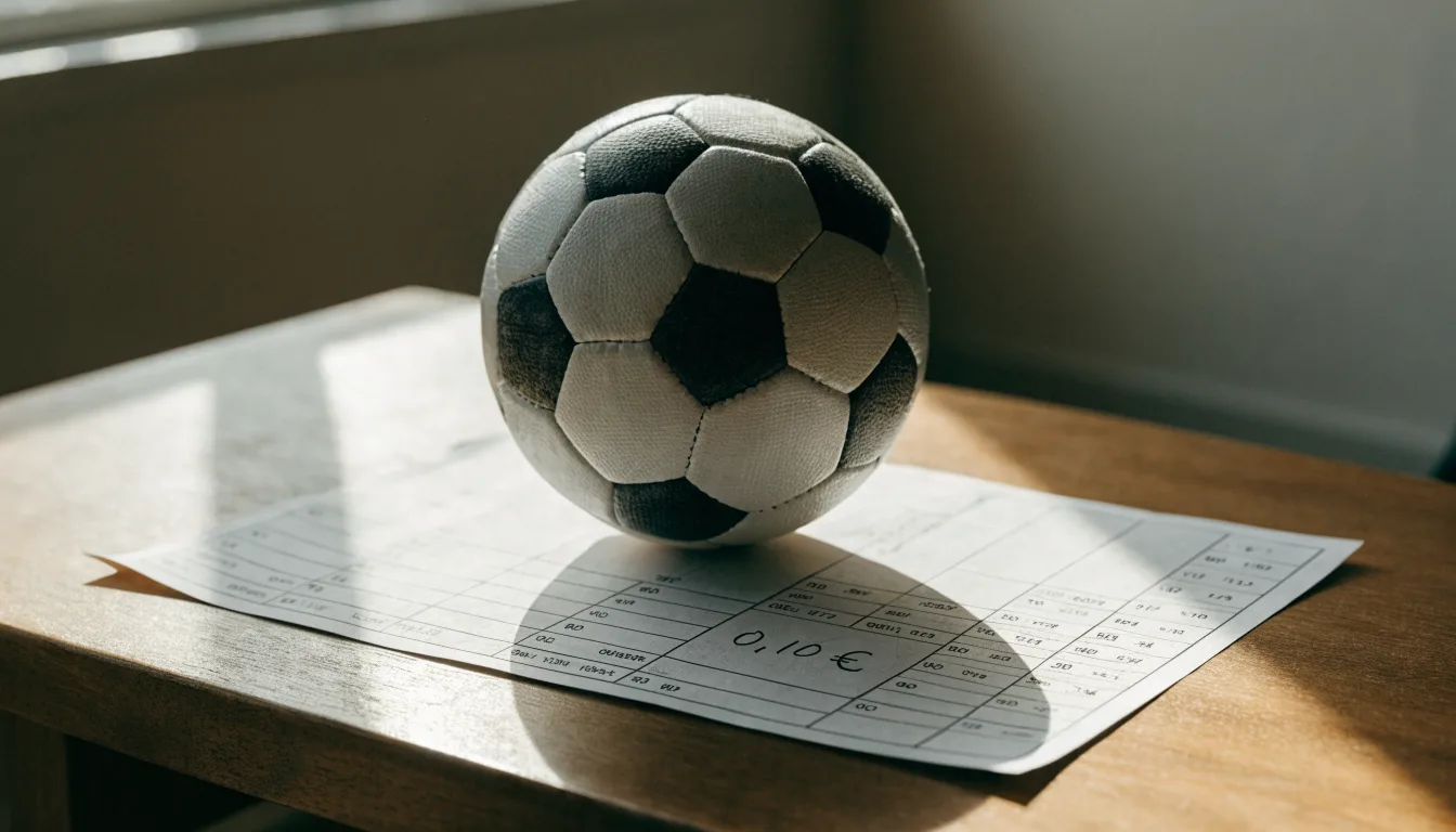 Uma bola de futebol pousada sobre um talão de apostas em branco numa mesa de madeira, à luz do dia