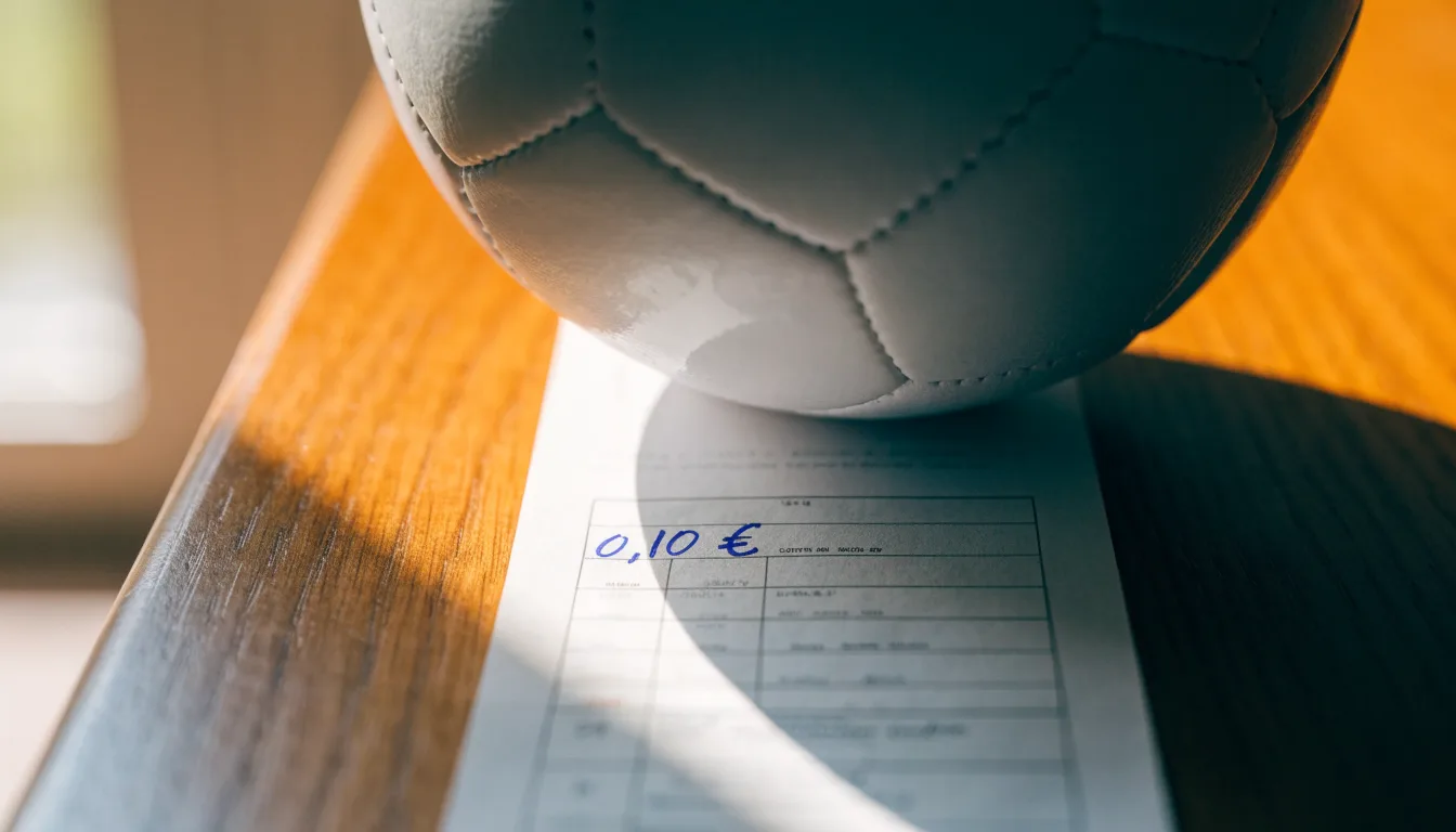 Uma bola de futebol pousada sobre um talão de apostas em branco numa mesa de madeira, à luz do dia