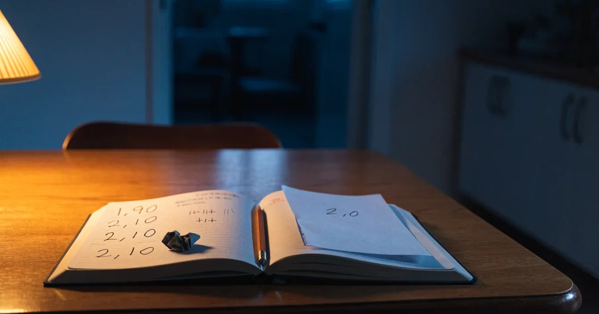 Um caderno aberto com cotas escritas à mão, uma calculadora e um lápis sobre uma mesa de madeira