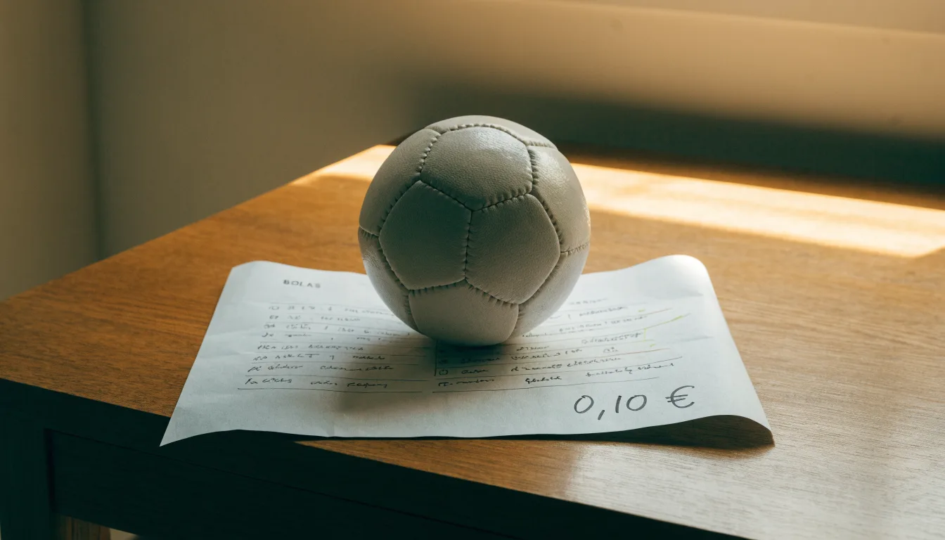 Uma bola de futebol pousada sobre um talão de apostas em branco numa mesa de madeira, à luz do dia