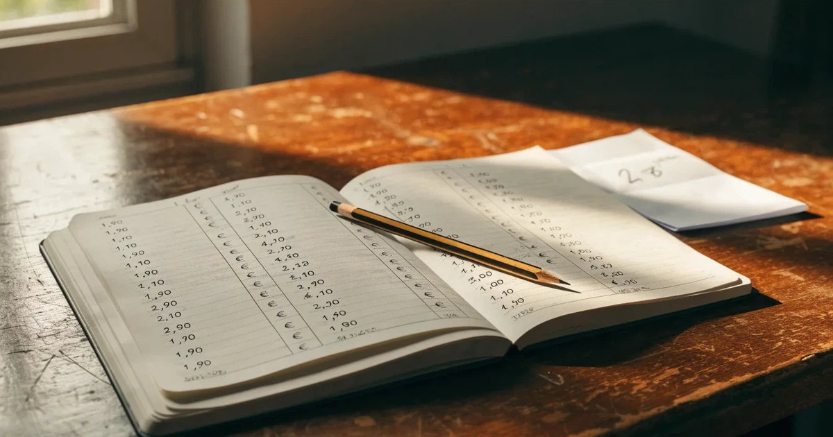 Um caderno aberto com cotas escritas à mão, uma calculadora e um lápis sobre uma mesa de madeira