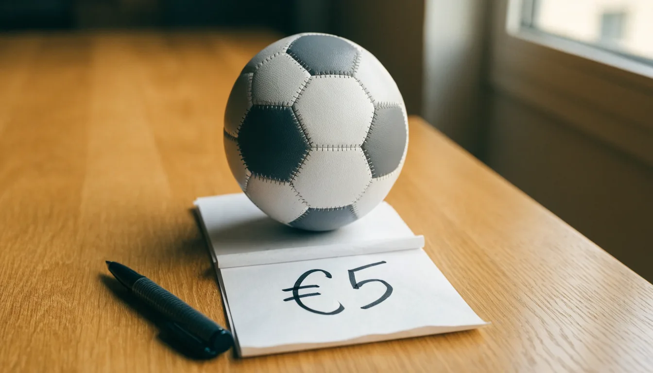 Uma bola de futebol pousada sobre um talão de apostas em branco numa mesa de madeira, à luz do dia