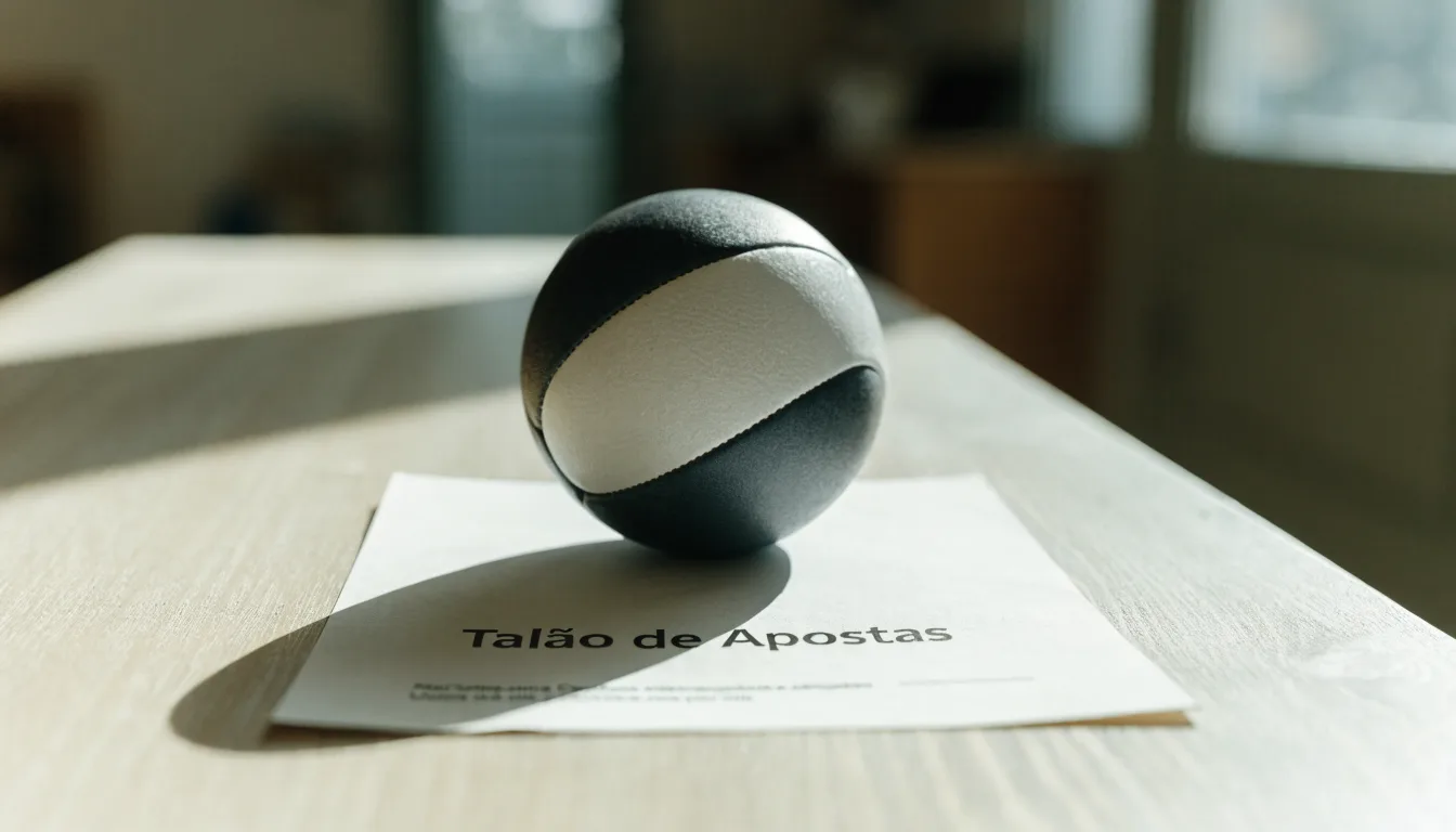 Uma bola de futebol pousada sobre um talão de apostas em branco numa mesa de madeira, à luz do dia