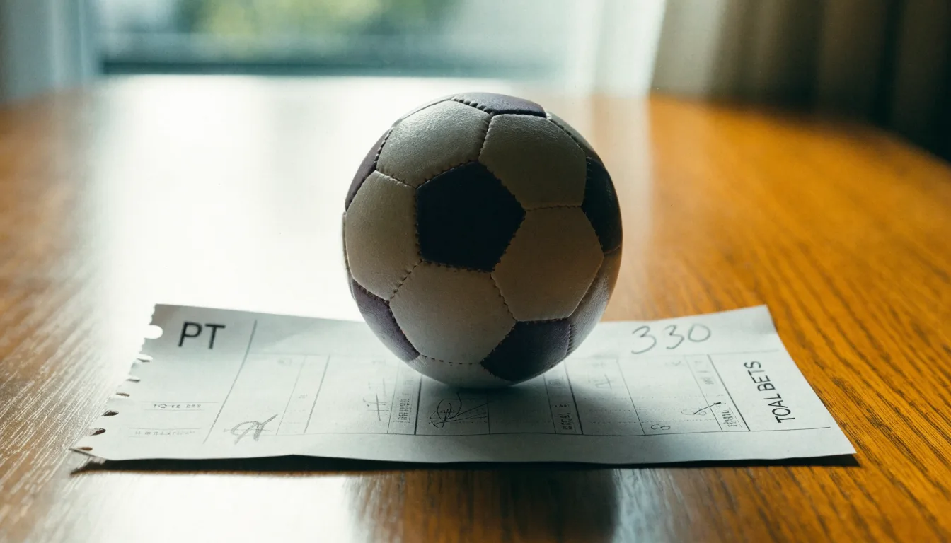 Uma bola de futebol pousada sobre um talão de apostas em branco numa mesa de madeira, à luz do dia