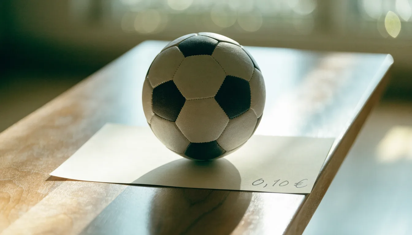 Uma bola de futebol pousada sobre um talão de apostas em branco numa mesa de madeira, à luz do dia
