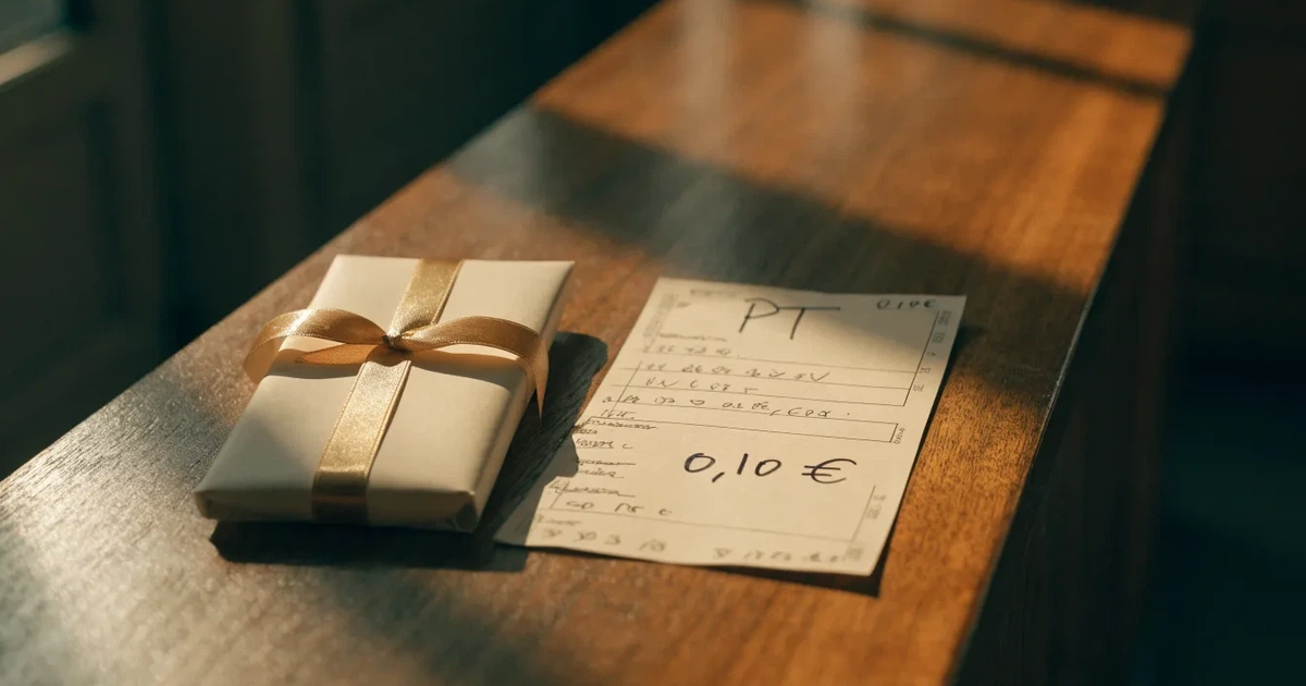 Um cartão de oferta com uma fita dourada ao lado de um talão de apostas numa bancada de madeira