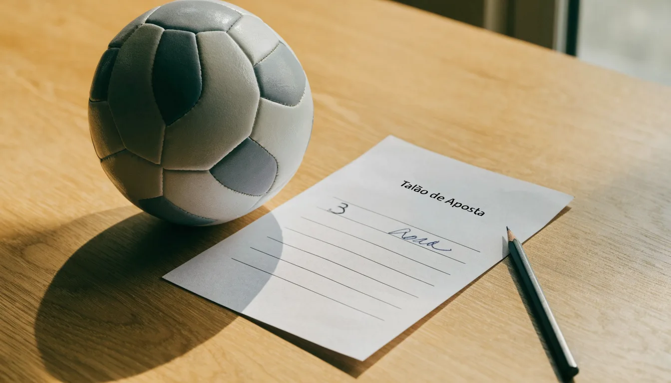 Uma bola de futebol pousada sobre um talão de apostas em branco numa mesa de madeira, à luz do dia