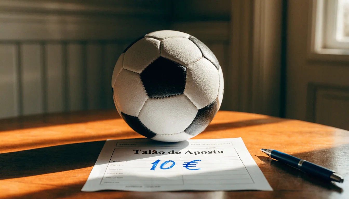 Uma bola de futebol pousada sobre um talão de apostas em branco numa mesa de madeira, à luz do dia