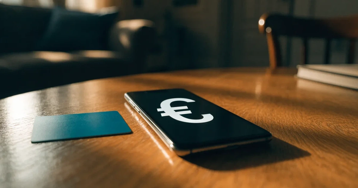 Um telemóvel e um cartão bancário lado a lado numa mesa de madeira, com algumas notas de euro ao lado
