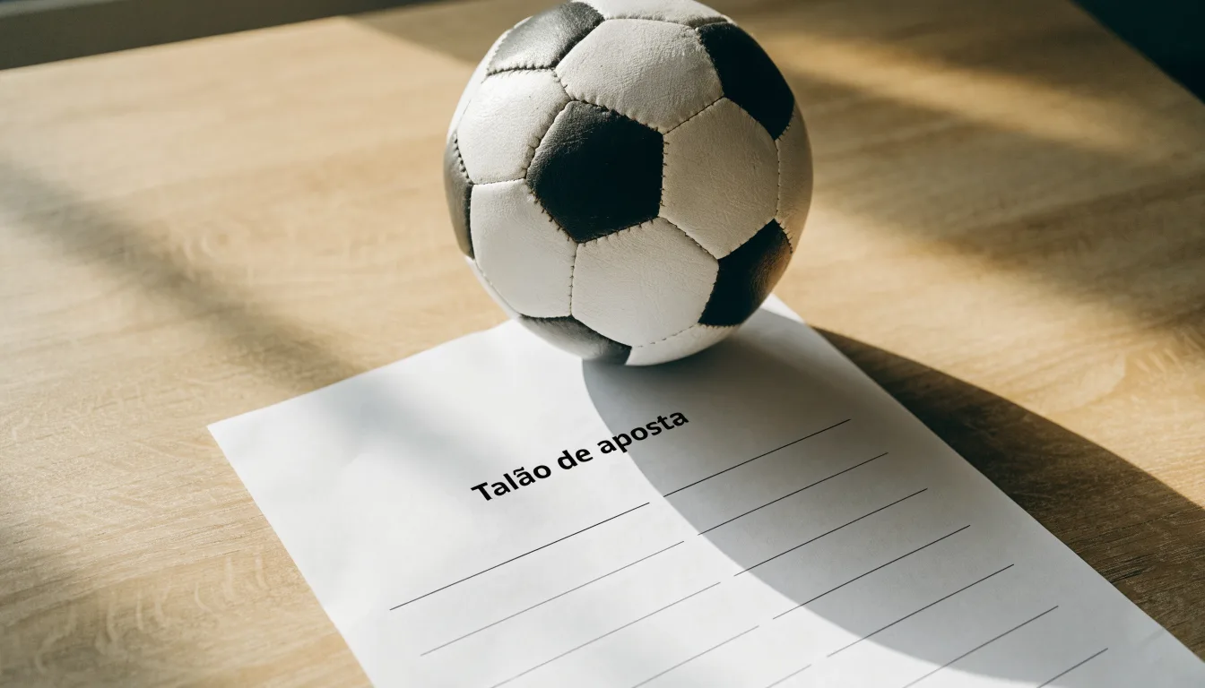 Uma bola de futebol pousada sobre um talão de apostas em branco numa mesa de madeira, à luz do dia