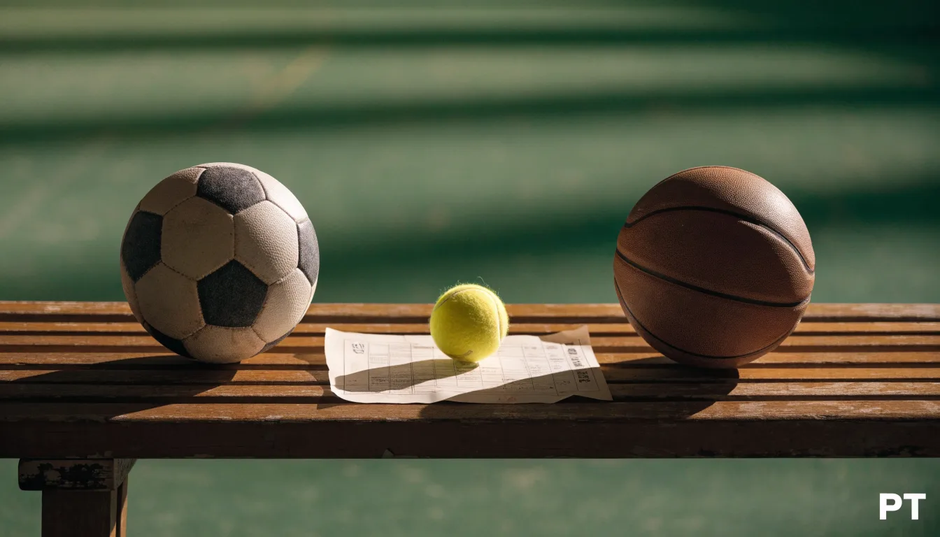 Três bolas de desportos diferentes alinhadas lado a lado num banco de madeira