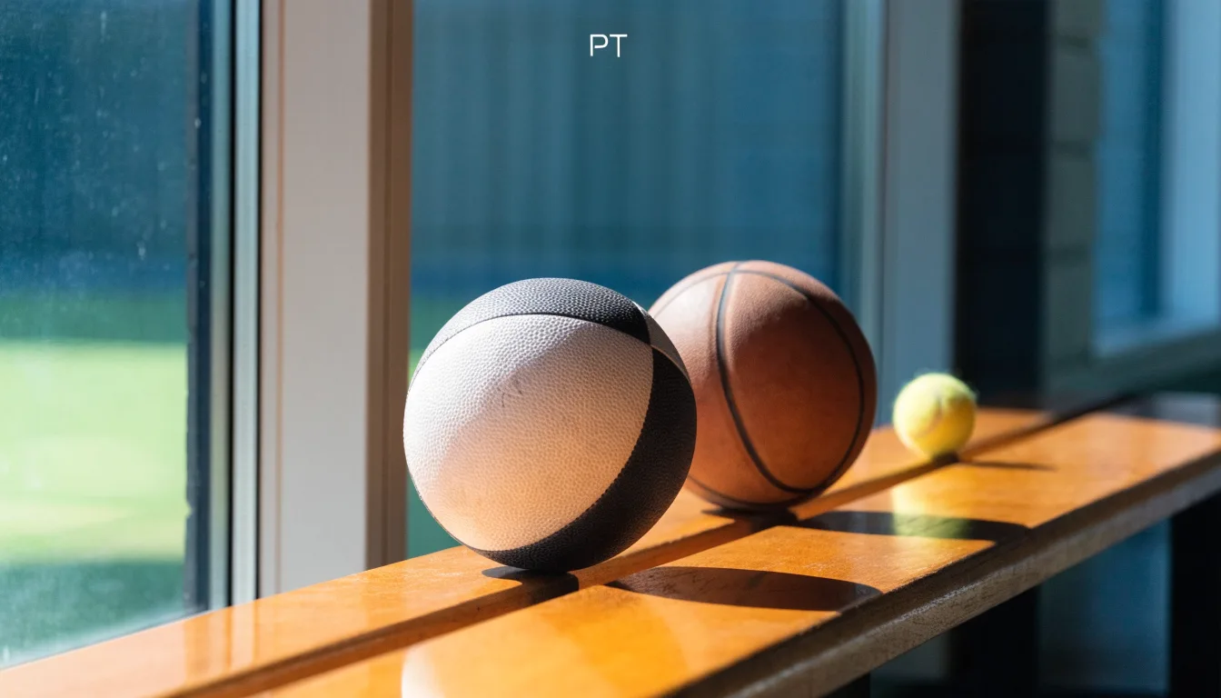 Três bolas de desportos diferentes alinhadas lado a lado num banco de madeira