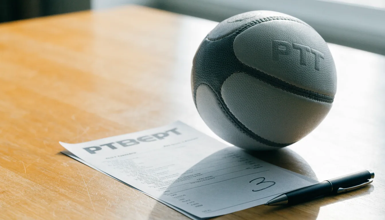 Uma bola de futebol pousada sobre um talão de apostas em branco numa mesa de madeira, à luz do dia