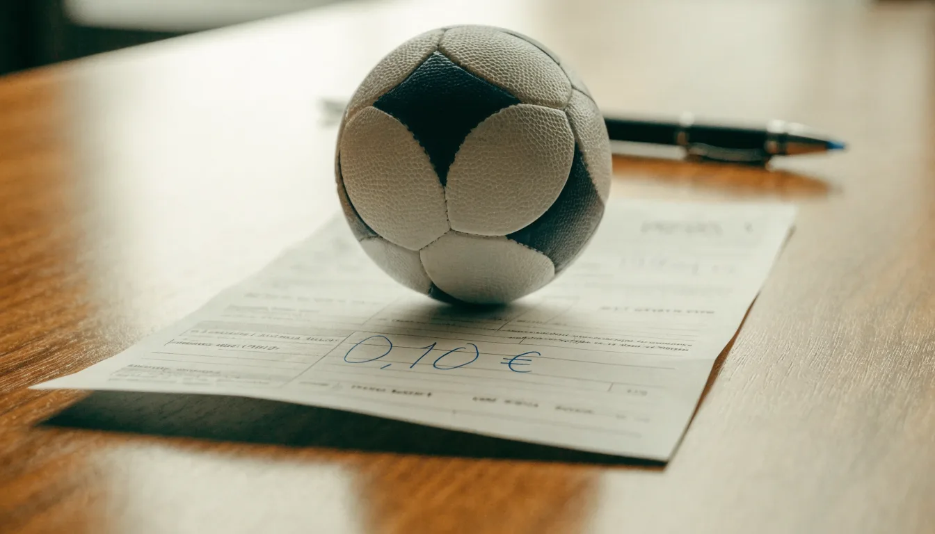 Uma bola de futebol pousada sobre um talão de apostas em branco numa mesa de madeira, à luz do dia