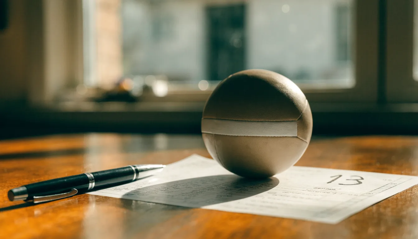 Uma bola de futebol pousada sobre um talão de apostas em branco numa mesa de madeira, à luz do dia