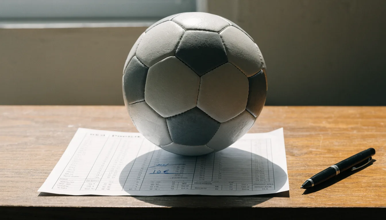 Uma bola de futebol pousada sobre um talão de apostas em branco numa mesa de madeira, à luz do dia