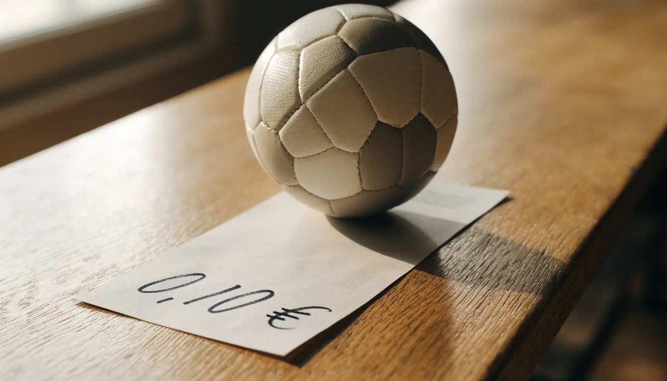 Uma bola de futebol pousada sobre um talão de apostas em branco numa mesa de madeira, à luz do dia