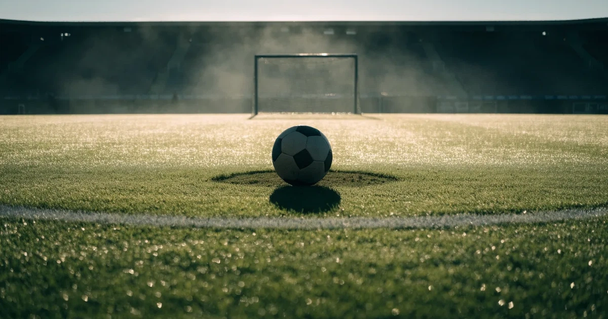 Uma bola de futebol no ponto central de um relvado, à luz da manhã