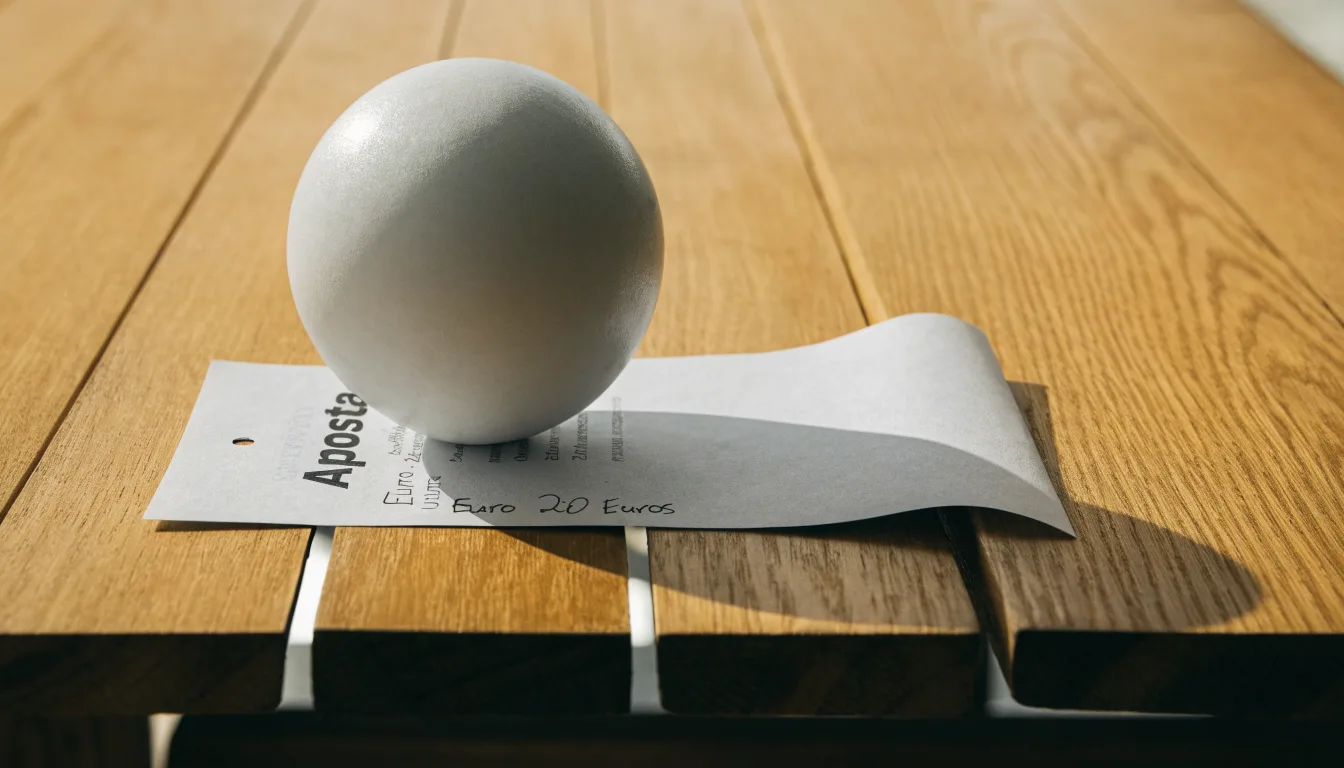 Uma bola de futebol pousada sobre um talão de apostas em branco numa mesa de madeira, à luz do dia