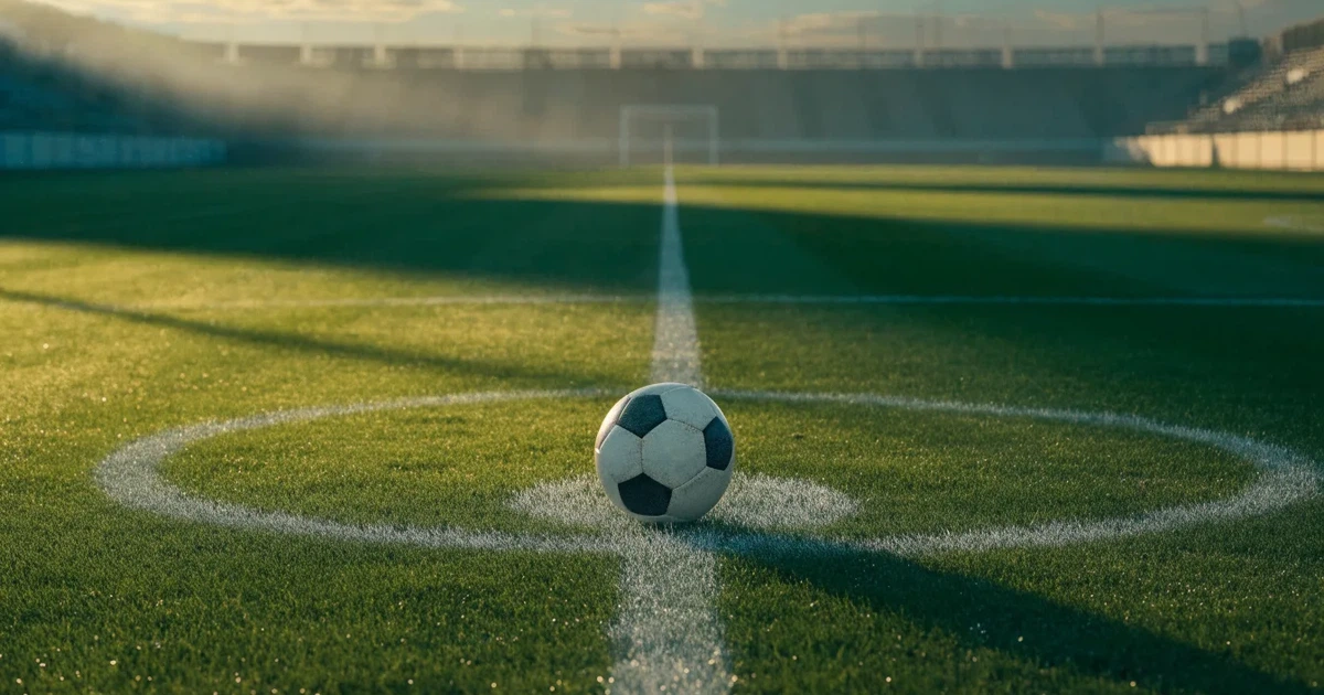Uma bola de futebol no ponto central de um relvado, à luz da manhã